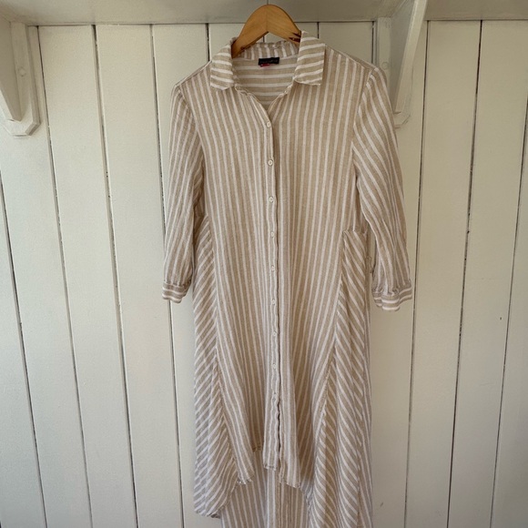 Striped Beige and White Button-Up Dress - Picture 1 of 6